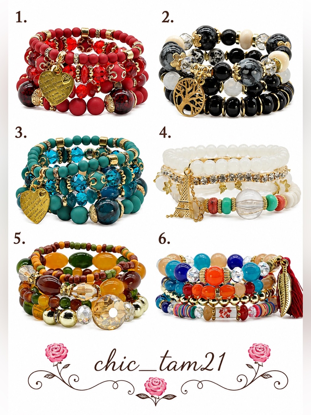 Chic Tam21 Red Beaded Stretch Bracelet Stack with Gold Heart Charm